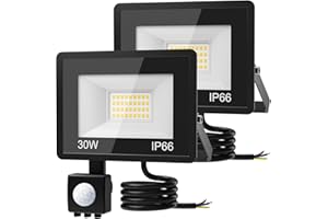 vighep 30W Security Lights Outdoor Motion Sensor, 3000LM LED Floodlight IP66 Waterproof, 6500K Cold White Outside Light Mains Powered for Garage, Garden, Backyard-2 Pack