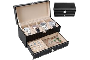 TOTSUN Watch Box, 4 Slots Watch Case Leather Watch Storage Box, Watch Box for Men with Watch Holder for Jewelry Bracelets Necklaces Rings, Double-layer