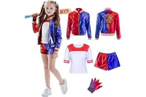 Ansamy Disfraz de Quinn para Niñas Mujer, Disfraz de Suicide Squad Cosplay Carnaval Navidad Halloween Camiseta, Pantalones Chaqueta y Guante