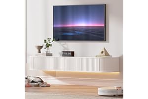 PURFINO Floating TV Stand Unit with RGB LED Light - 140CM Wall Mounted TV Cabinet with Upgraded Storage & Rounded Edges, Modern TV Media Console for 43-55 Inch TVs