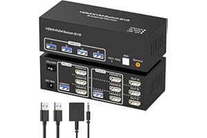 TJCXELE Switch KVM 4K60Hz HDMI 2 PC 3 Monitor con 4 Porte USB 3.0 per la Condivisione di 2 Computer KVM Switch a Triplo Monitor Supporto Modalità Estesa e Copia con Cavi USB