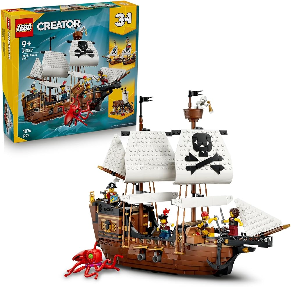 LEGO Creator 3’ü 1 Arada İkonik Korsan Gemisi 31387 | 9 Yaş ve Üzeri Çocuklar için Kale veya İki Gemi Olarak İnşa Edilebilen Oyuncak Yapım Seti, Hediye Fikri (1074 Parça)