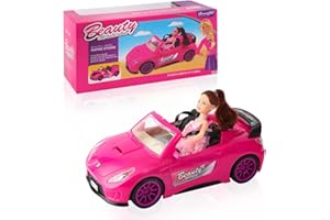 iFunLong Doll & Convertible Car Playset, Toddler Toy Car with Music Sounds, 2-Seater Pink Vehicle with Rolling Wheels, Seat Belts w/ 1 Dolls Included (Compatible with Barbie)