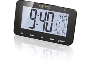 Explore Scientific RDC1004 Orologio radiocontrollato da tavolo con display retroilluminato a LED Bianco, Allarme & Snooze, Nero