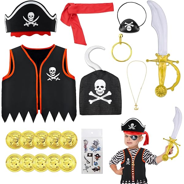 KUKIKUKI Déguisement Pirate Enfant Complet 11 Pièces – Costume Garçon Halloween Carnaval 3-12 Ans