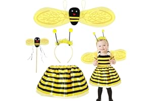 CAPANEUS Déguisement Abeille Enfants, Costume Abeille pour Fille 4 pièces set, Déguisement Ailes de Fée de Noël avec Bandeau et Baguette pour Carnaval Halloween Jeu de Rôle