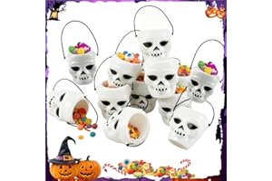 HAPLOS 12 Piezas Mini Cubo Decoración Hervidores De Caramelo Halloween Blanco Cubo Soporte De Calavera con Mango, Cuenco Decorativo Adecuado para Caramelos Dulces, Accesorio De Disfraz Calavera