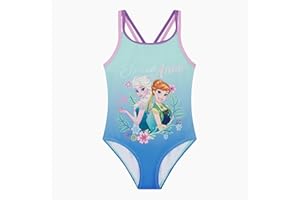 Disney Frozen Official Girl's Swimwear, One Piece Swimming Costume Featuring Anna and Elsa, Aqua, Age 2-8 Years