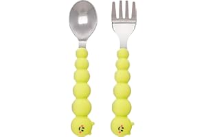 MELII set de cubiertos infantiles, set de cuchara y tenedor para niños y bebes, acero inoxidable y mangos de silicona con textura para un agarre óptimo, 14 x 3 cm