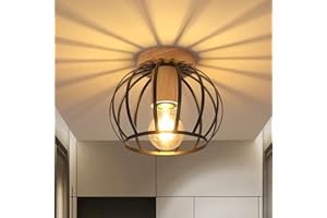 Goeco Lampa sufitowa czarna, oprawa lampy E27, 1 włóknista, industrialny abażur w kształcie metalowej klatki z drewnianą podstawą, lampa sufitowa w stylu vintage, do korytarza, balkonu i jadalni, Ø 19