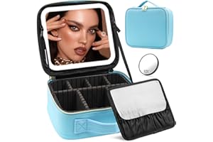 JADAZROR Trousse de Maquillage avec Miroir et Lumière, Trousse de Maquillage de Voyage 3 Couleurs LED Organisateur de Maquillage, Trousse de Maquillage Cosmétique Portable avec Séparateurs Réglables