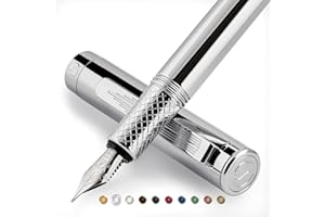 Scriveiner Silver Chrome Fountain Pen (Medium), Award Winning Luxury Pen, Heavy Pocket Pen, Chrome Finish, Schmidt Nib, Converter, Best EDC Writing Pen Gift Set for Men & Women