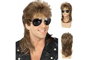 Qnbiar Herren Vokuhila Perücke Hellbraun Lockig 70er 80er Retro Cosplay Kostüm Perücke Rocker Disco Fancy Show Perücken