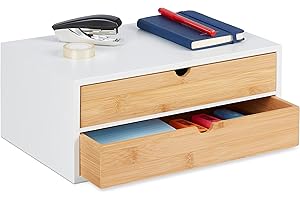 Relaxdays Organizador Escritorio, 2 Cajones, Almacenamiento Material Oficina, Bambú y MDF, 14x33x21cm, Natural y Blanco, Tablero de Fibras