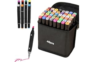 LEMIL Pennarelli a 48 colori a doppia punta, asciugatura sicura e veloce, pennarelli da colorare, pennarelli permanenti, pennarelli da disegno con borsa in tessuto portatile e base