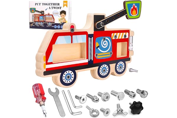 Jouet Éducatif en Bois Camion de Pompiers avec Tournevis et Clé - Activité Montessori pour Enfants de 3 à 5 Ans, Jeu de Construction DIY, Cadeau Éducatif pour Enfant - avec pochette de rangement