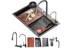 MIMRTIMI Évier de Cuisine Cascade Raindance Évier Cuisine en Acier Inoxydable 304 avec robinet rétractable comprend un kit de plomberie complet 75 * 45CM