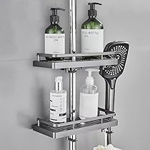 2-Pack No-Drill Hanging Shower Caddy With Hooks - Fits 21-25mm Rails, Grey