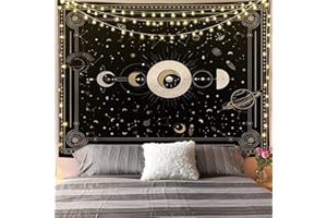 Arawat Tapiz Fases de la Luna Tapiz Blanco Negro Tapiz Sol Lunar Decoración de Pared Alfombra Psicodélica Tapiz Gótico Trippy Tapiz Tela para Colgar en la Pared (150 x 130cm)