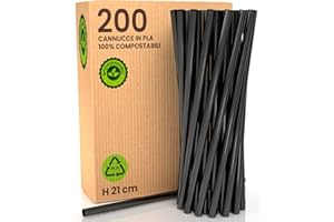 BACIATO CAFFÈ 200 pailles en bioplastique 100% écologiques – 21 cm x 6 mm, biodégradables et compostables, idéales pour boissons, cocktails, événements et fêtes – Couleur noire
