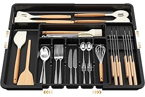 Euqvunn Organizador de Cubiertos Expandible, Bandeja Ajustable 6-9 Ranuras con 2 Bloques Removibles para Cuchillos, Compacto Plástico Cuberteros para Cajon Cocina Para Tenedores y Cuchillos (Negro)