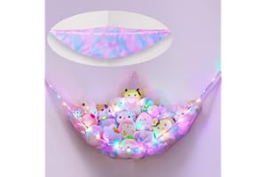 EllaSeek Stuffed Animals Hammock Corner with LED Light Toy Storage Organizer Toy Hammock Net for Stuffed Animals Storage for Girls Kids Room Wall Decor