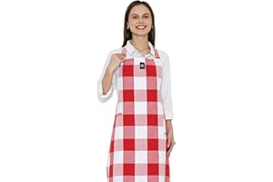 ‎ENCASA Encasa XO Verstellbare Küchen Schürze mit Taschen und Handtuchhalter, 68x85 cm, recycelte Baumwolle, für Zuhause, Restaurant, Männer & Frauen, Kochen, Backen - Büffelrote Karos