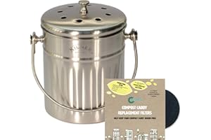 All-Green 2 Litre, Stainless Steel Compost Caddy/Kitchen Food Waste Bin & 1 Pack of 2 x Filters - 2L Brushed Stainless Steel
