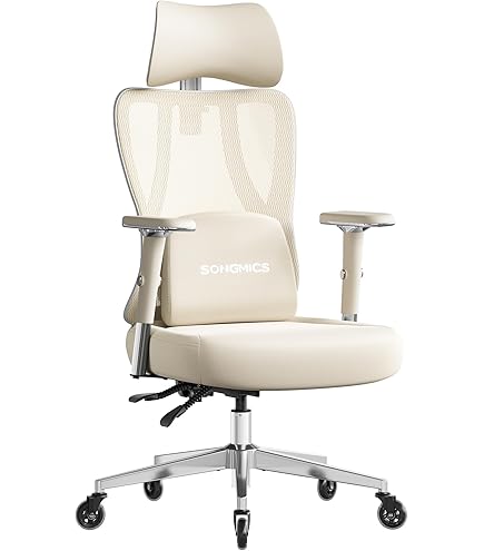 UEV Bureaustoel, ergonomisch, bureaustoel met armleuningen, in hoogte verstelbare werkstoel, draaistoel met netbespanning, ademend, tot 230 kg, kantelfunctie, 73 x 69 x 93 cm, beige