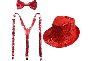 CARNAVALIFE Juego 3 de Tirantes Elásticos Pajaritas Ajustables y Sombrero de Copa de Lentejuelas Brillantes para Niños Disfraz de Fiesta Carnaval Halloween Navidad