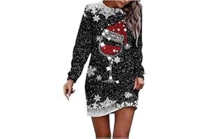 QIUhhpuy Robe Pull Noël Femme Verre À Vin Imprimé Réveillon Noel Robe Sweat à Capuche Chaud Long Hiver Longue Sweatshirt Robes avec Poches Manches Longue Robes Pulls Grande Taille Pullover Dress