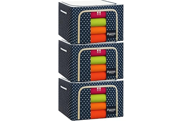 Panchhi Store Storage Box and Organiser 66 Liter Wardrobe Organizer for Storage Foldable Steel Frame Storage organiser with Zipper with Clear Window & Handles Storage Bags for Clothes Large Pack of 3