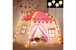 Tente de jeu pliable pour fille avec guirlande lumineuse LED, sol et fenêtre, pour l'intérieur et l'extérieur, rose et blanc KRUZZEL