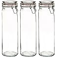 Argon Tableware 3x 2000ml (2 Litre) Clear Glass Spaghetti Jars with Orange Airtight Silicone Seal and Metal Clip Lids - 70.3oz Empty Tall Pasta Kitchen Containers