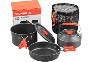 Hoquare Camping Cookware Set, 3pcs Nonstick Outdoor Aluminum Lightweight Camping Pan, Camping Pot, Portable 2-3 People Camping Cooking Kit for Travel, Camping, Hiking, Picnic, BBQ