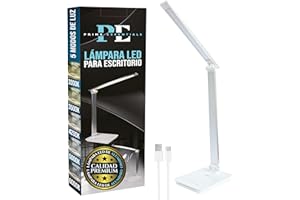 PRIME ESSENTIALS® Lámpara Escritorio LED | Flexo de Escritorio I 50 Combinaciones Luz I Modo Nocturno | Temporizador 30/60 min I Función memoria | Puerto USB I Cuidado ocular I Candeeiro Mesa I Plata.