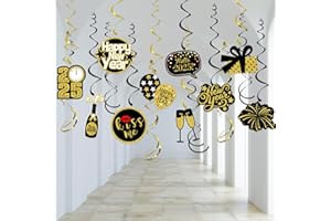 PEJLND Silvester Deko 2025 Hängende Wirbel,Schwarz Gold Silvester Deko Spiralen Luftschlangen Hängedeko,Happy New Year 2025 Deko Swirl Streamers 2025 Silvester Party Dekorationen für Home Indoor Outdoor