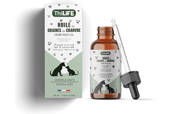 Thilife – Huile de Graines de Chanvre pour Chiens & Chats Adultes – Goût Bœuf – Oméga 3-6-9 – Vitamine E – Pipette – 30 ML – Fabriqué en France