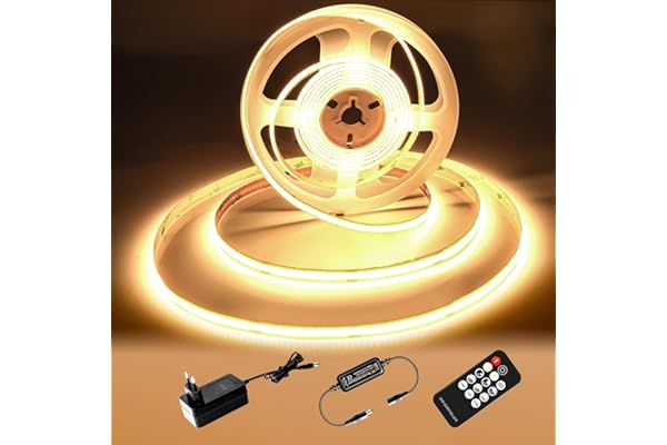Ruban LED COB 5M, bande LED blanc chaud 3000K, bande LED 24V Dimmable, CRI92, largeur 8mm, avec télécommande et alimentation, pour la décoration de la maison, la cuisine, le miroir