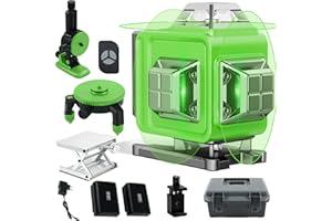 Circlio 4 X 360° Nivel Láser Autonivelante Verde, IP54 a Prueba de Polvo, Impermeable, ±3° Nivel Láser de Autonivelación Automática, Base Rotatoria, Control Remoto, 2 * 2400mAh Batería