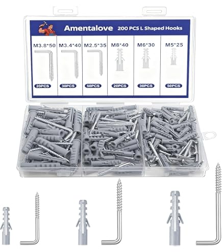 Swpeet 130 stuks 8 maten 1/2 5/8 3/4 7/8 1 1-1/4 1-1/2 2 witte vinyl gecoate L-vormige haken assortimentskit, inschroefhaken, haakse L-vormige haken, 7-vormige zelftappende schroef om op te