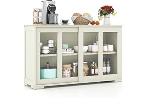 COSTWAY Mueble Auxiliar de Cocina con 2 Puertas de Vidrio, Aparador de Madera con Estante Ajustable en Altura, Almacenamiento de 106,5 x 33 x 62,5 cm, Ideal para comedor (Blanco)