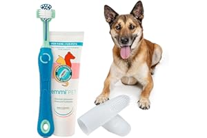 ‎EMMI-PET emmi-pet Zahnpflegeset für Hunde - 1x3köpfige Hundezahnbürste mit 1x Hundezahnpasta und 2x Fingerzahnbürste (Blau, Erwachsene - Senioren)