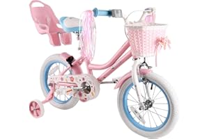 RULLY Daisy Vélo Enfant 12 14 16 Pouces pour Filles de 2 à 7 Ans – Vélo Princesse avec Siège Poupée, roulettes, Panier et Rubans – Multicolore