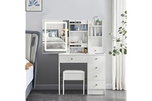 Puselo Dressing Table Vanity Makeup Table with Lights Mirror, Drawers,Cushioned Stool,Large Makeup Desk Set Vanity Desk for Women Girls Bedroom (91206 smart control mirror)