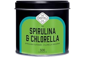 THE DOPPEL CO Espirulina y Chlorella Ecológica - 500 comprimidos - 1500 mg por Dosis - Sin Aditivos - Efecto Saciante, Detox -Proteina Vegana - Libre de Plástico