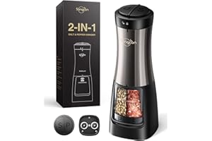 Sangcon Macina sale e pepe elettrico 2 in 1, funzionamento a batteria, funzionamento automatico con una sola mano con luce, macina in ceramica, ricaricabile, metallo metallico