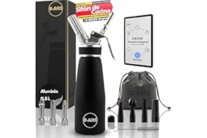 B-ARS Sifón De Cocina Profesional Aluminio 500ML Negro con Boquillas Plásticas Y Acero INOX Cepillo Limpieza Bolsa Accesorios Ideal para Espumas Dulces Y Saladas Nata Mousse Fácil De Usar