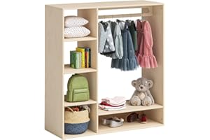 ‎BELLABINO Bellabino Tea Kindergarderobe – Kleiderständer mit 6 Ablageflächen & 1 Kleiderstange in Natur – Montessori Kleiderschrank aus Birkenholz unbehandelt – Garderobe für Kinder – Kinderregal 114x40x105 cm