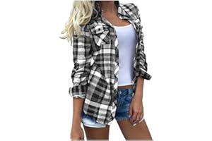 NUSGEAR 2024 Camisa de Manga Larga Mujer Primavera Verano Estampado a Cuadros Lino Moda Blusa Cuello en V Camiseta Tops Fiesta Suelto T-Shirt Casual Oficina Original Elegante tee Cómodo Basic